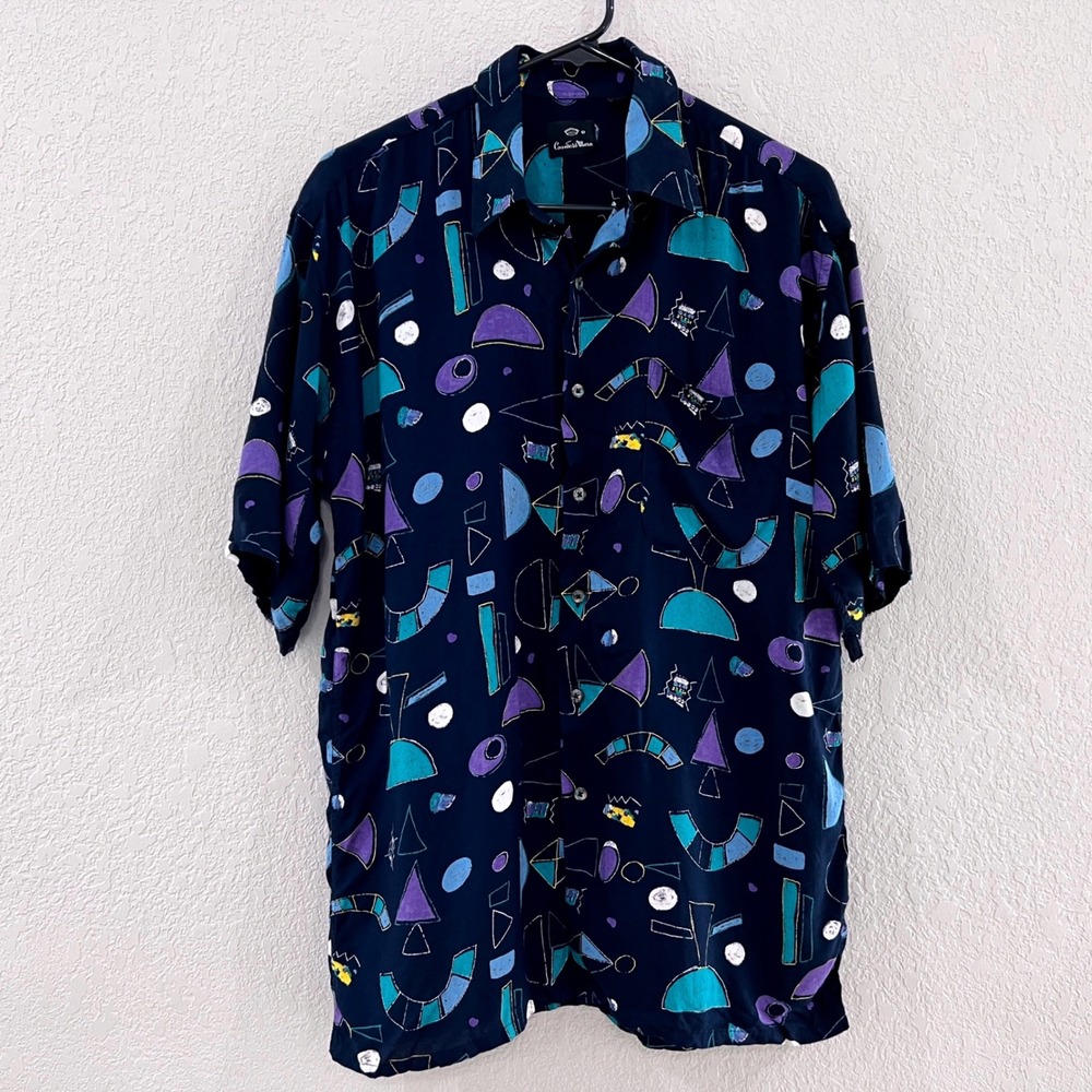 Countess Mara Mens M Rayon Shirt Navy Abstract Geometric Short Sleeve 90s